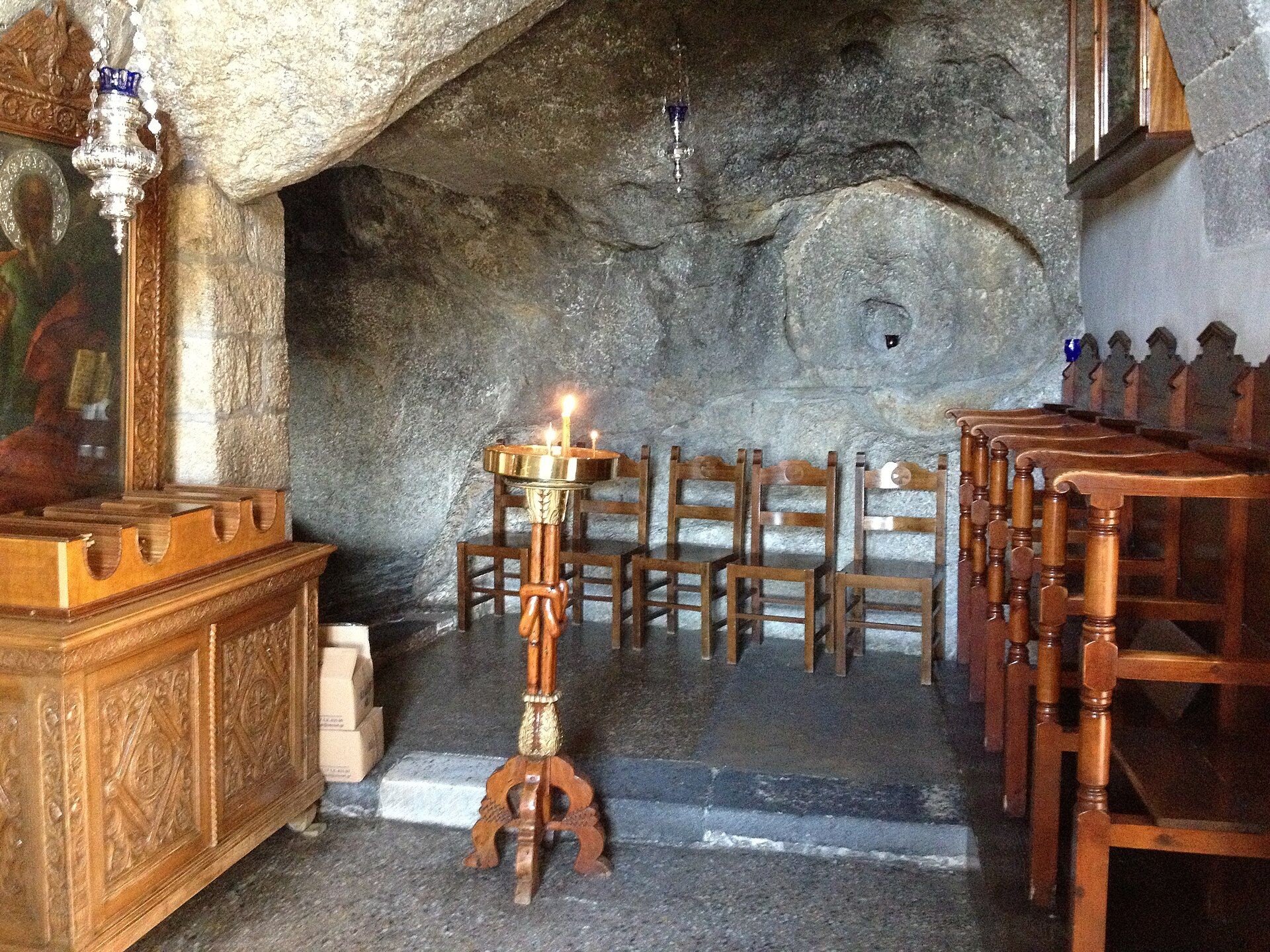 The candlelit interior of the Cave of the Apocalypse on Patmos