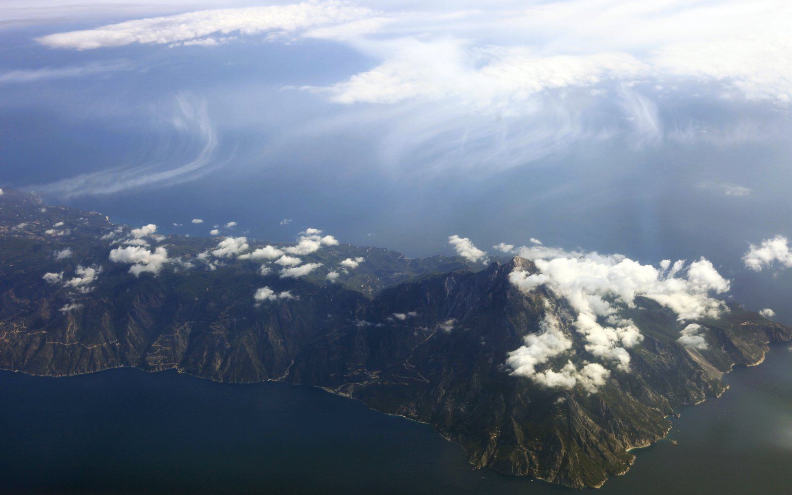 Aerial view of the Mount Athos peninsula rising from the Aegean Sea