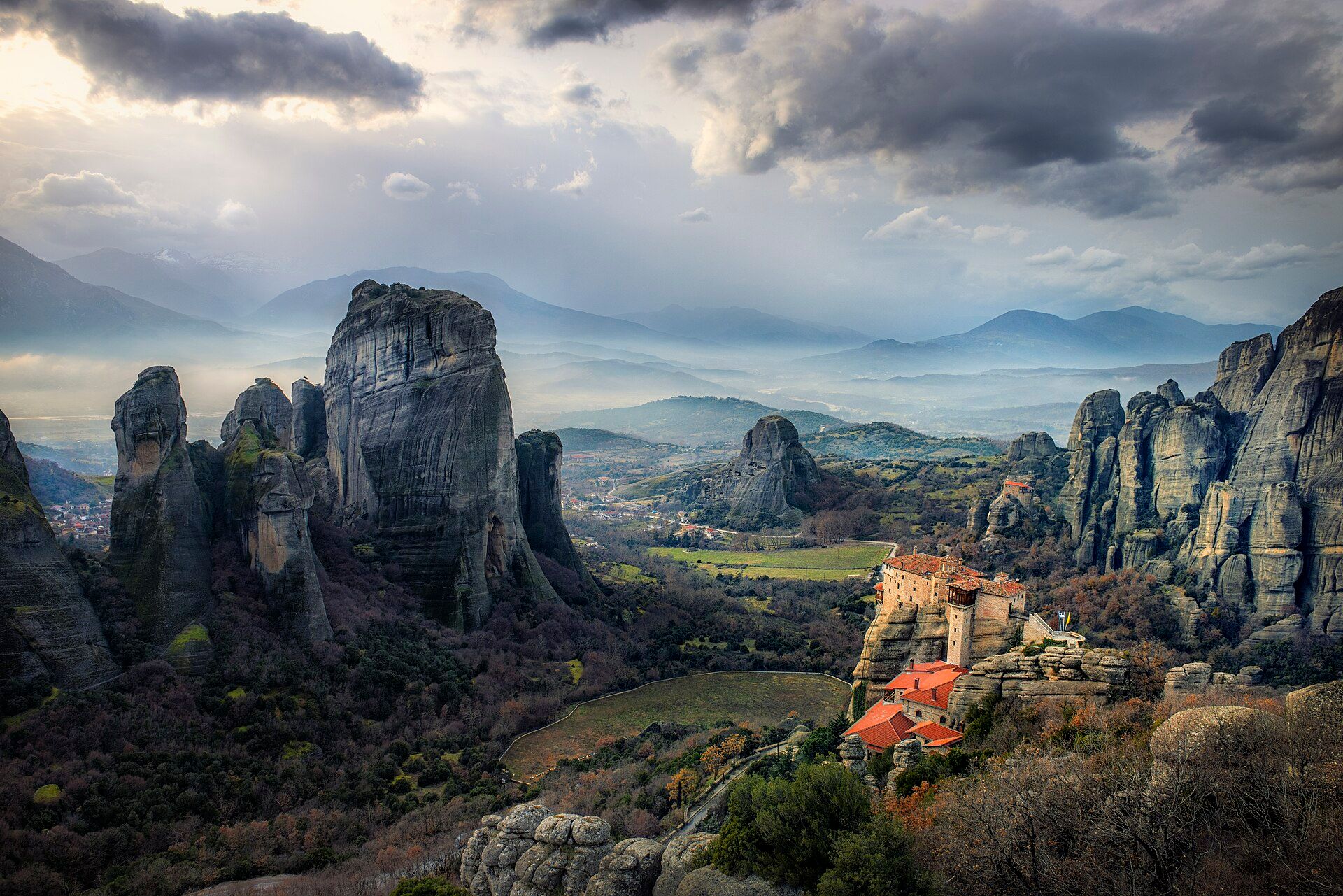 A panorama of the rock pillars and monasteries of Meteora