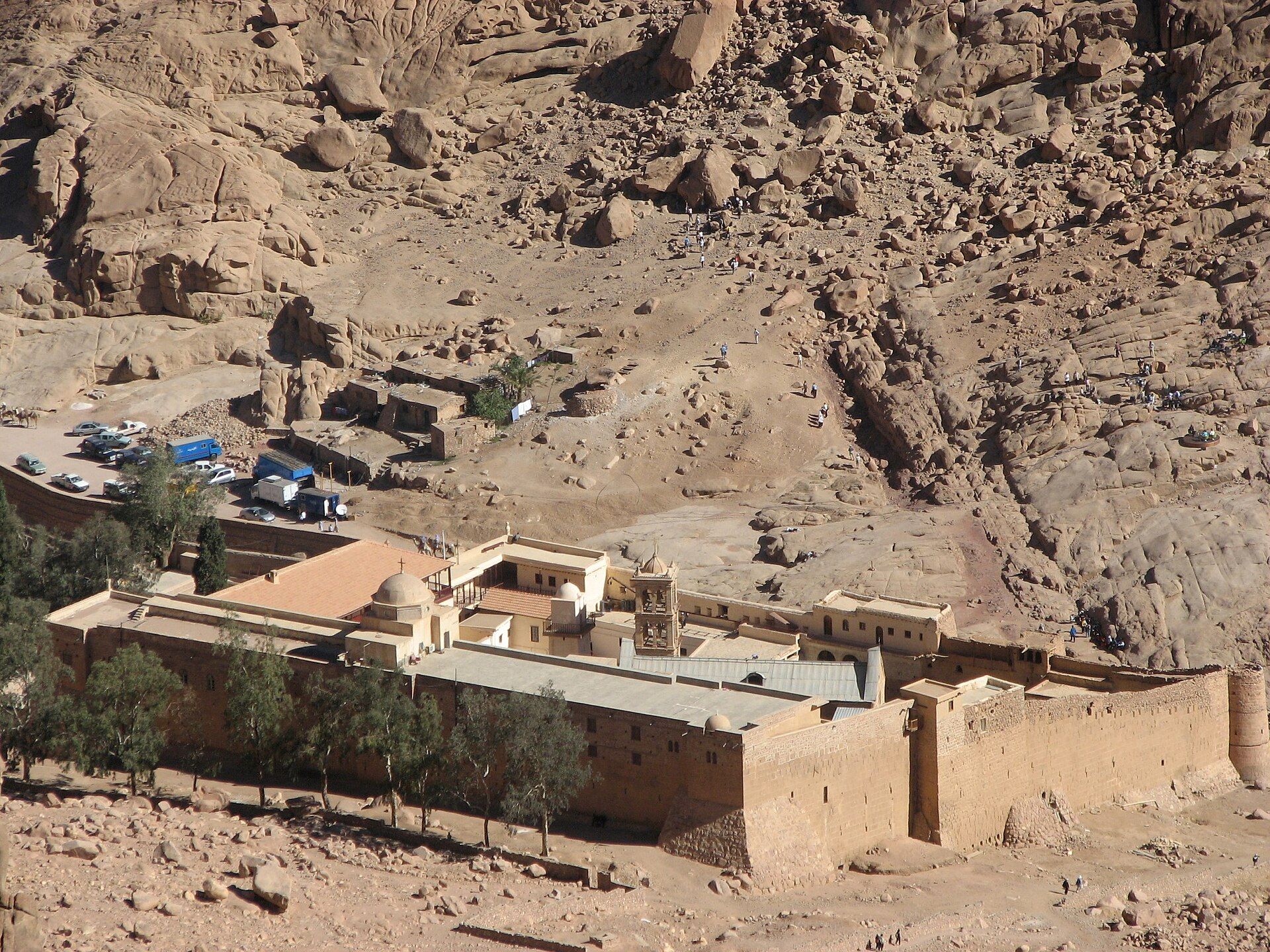 Saint Catherine's Monastery enclosed by the rocky mountains of Sinai in morning light