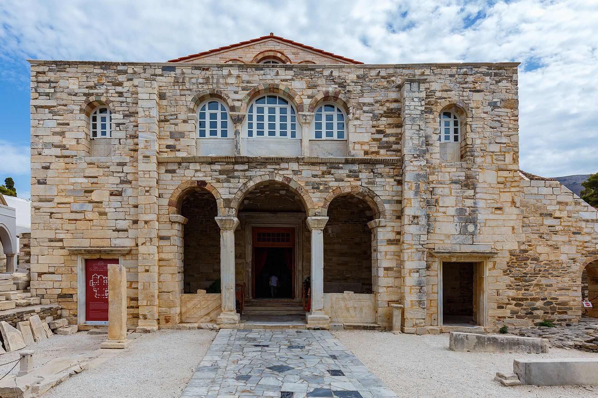 The pale stone facade of Panagia Ekatontapiliani on Paros