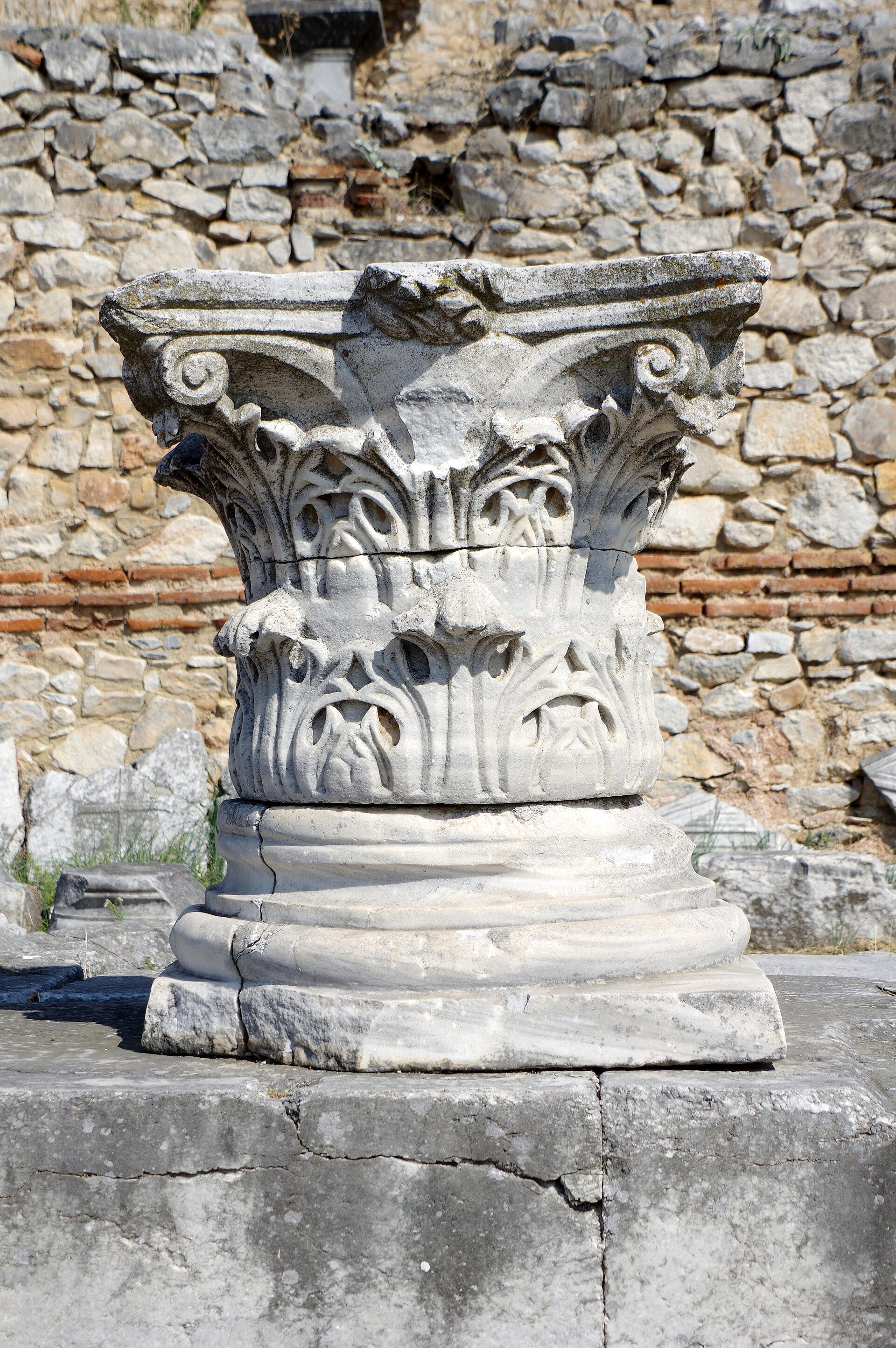 A carved column capital at the archaeological site of Philippi